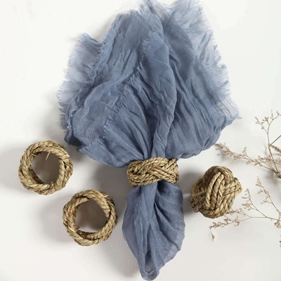 Blue linen scarf with natural woven napkin rings