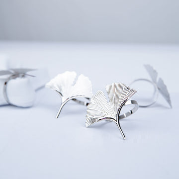 Add a Touch of Glamour with Metallic Silver Ginkgo Leaf Napkin Rings