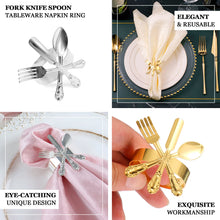 4 Pack Gold Metal Napkin Rings with Fork Knife Spoon Design