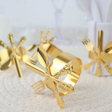 4 Pack of Gold Colored Metal Napkin Rings with Fork Knife Spoon Design