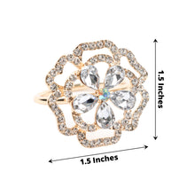4 Pack Gold Metal Rose Flower Napkin Rings with Diamond Rhinestones