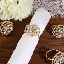 4 Pack Diamond Rhinestones Flower Gold Metal Rose Napkin Rings 
