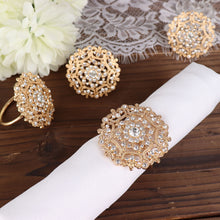 Gold Metal Flower Napkin Rings with Diamond Rhinestones 4 Pack