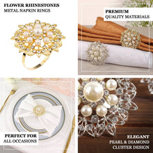4 Pack Pearl & Diamond Rhinestones Flower Gold Metal Napkin Rings 