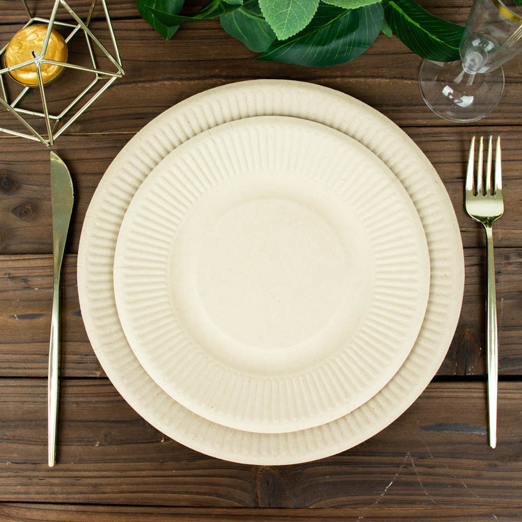Natural Color Biodegradable Dessert Plates 8 Inch 50 Pack Bagasse Material Ribbed Rim Style
