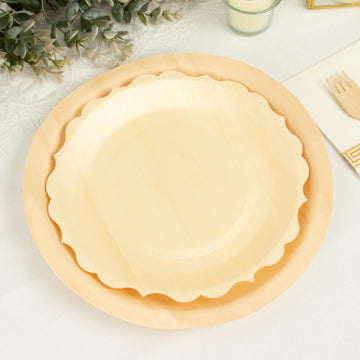 12 Pack | 9" Natural Birch Wood Scalloped Rim Disposable Dinner Plates, Eco-Friendly Biodegradable Plates
