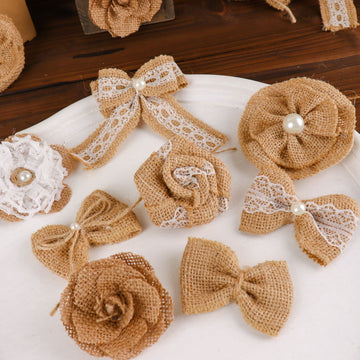 24 Pcs Natural Burlap Flower and Bows Set w/Lace Ribbon Craft Supplies, DIY Jute Stick On Ribbon and Bows, 30 Sticker Dots Included, 8 Assorted Styles