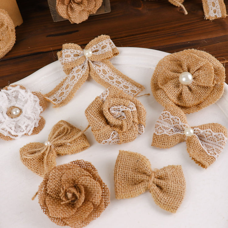 24 Pieces Natural Burlap Flowers And Bows Set With Lace Ribbon 
