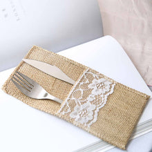 4 Inch x 8 Inch Natural Burlap & Lace Single Set Silverware Holder Pouch