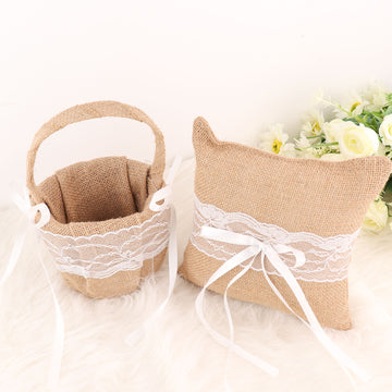 1 Set Natural Burlap and Lace Flower Girl Petal Basket and Ring Bearer Pillow Wedding Set