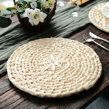 4 Pack | Natural Corn Husk 15" Round Woven Placemats, Braided Rustic Rattan Tablemats