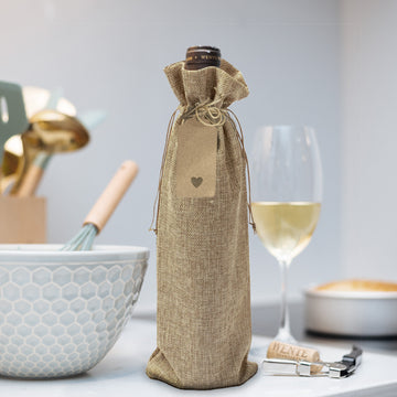 10 Pack Natural Faux Burlap Reusable Wine Gift Favor Bags Party, Wedding Wine Bottle Covers With Drawstring, Tags and Jute Rope 6"x14"