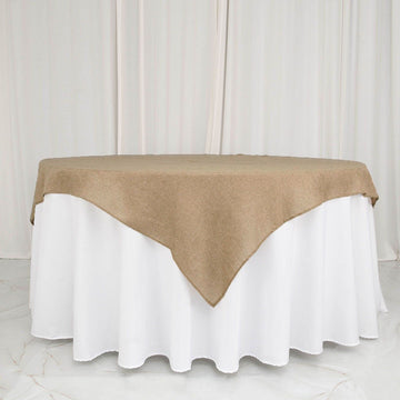 72"x72" Natural Faux Jute Burlap Square Table Overlay, Boho Chic Linen Tablecloth Topper