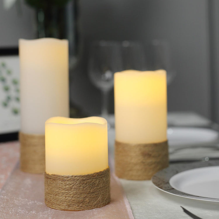 Set of 3 Natural Flameless LED Remote Operated Battery Powered Pillar Candles 4 Inch 6 Inch 8 Inch