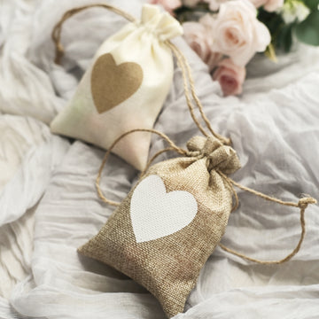 20 Pack Natural/Ivory Heart Design Jute Burlap Gift Bags With Drawstring, Rustic Wedding Party Favor Bags 4"x5"