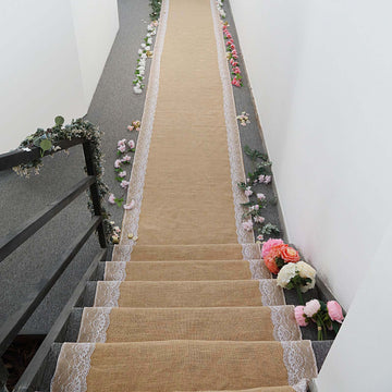 Natural Jute Burlap Aisle Runner with White Floral Lace Borders 30ft
