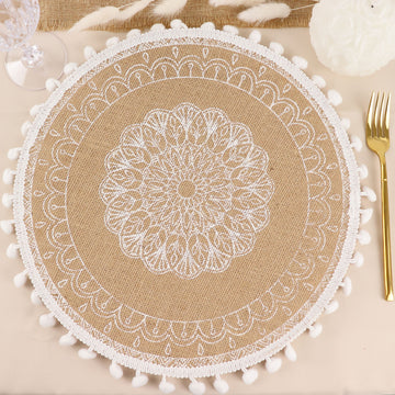 Add Bohemian Flair to Your Dining Table with Natural Jute and White Embroidery Mandala Print Placemats