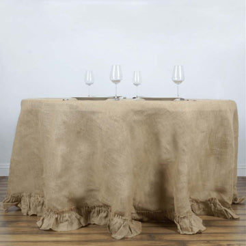 Natural Round Ruffled Burlap Rustic Seamless Tablecloth Jute Linen Table Decor 120"