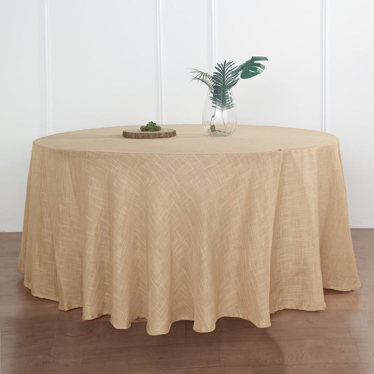 120 Inch Round Natural Linen Wrinkle Resistant Tablecloth With Slubby Texture 