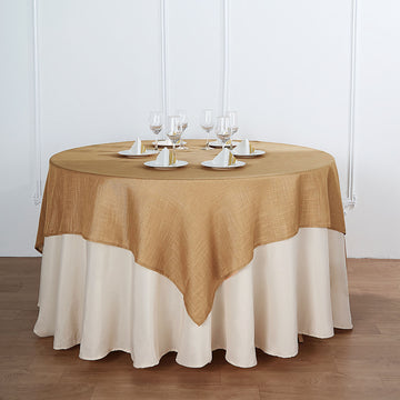 Natural Slubby Textured Linen Square Table Overlay, Wrinkle Resistant Polyester Tablecloth Topper 72"x72"