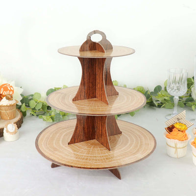 Three-tiered wooden serving stand for desserts and appetizers.