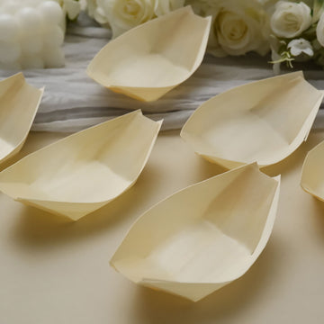 50 Pack | 4.5" Natural Wooden Eco Friendly Disposable Food Boat Plates, 100% Biodegradable