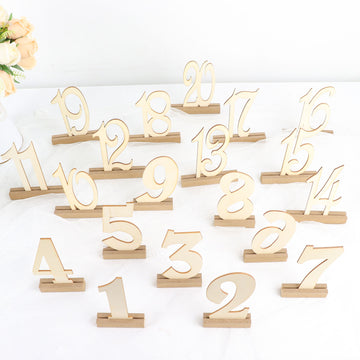 20 Pack Natural Wooden 1-20 Wedding Table Numbers Set With Holder Base 6"