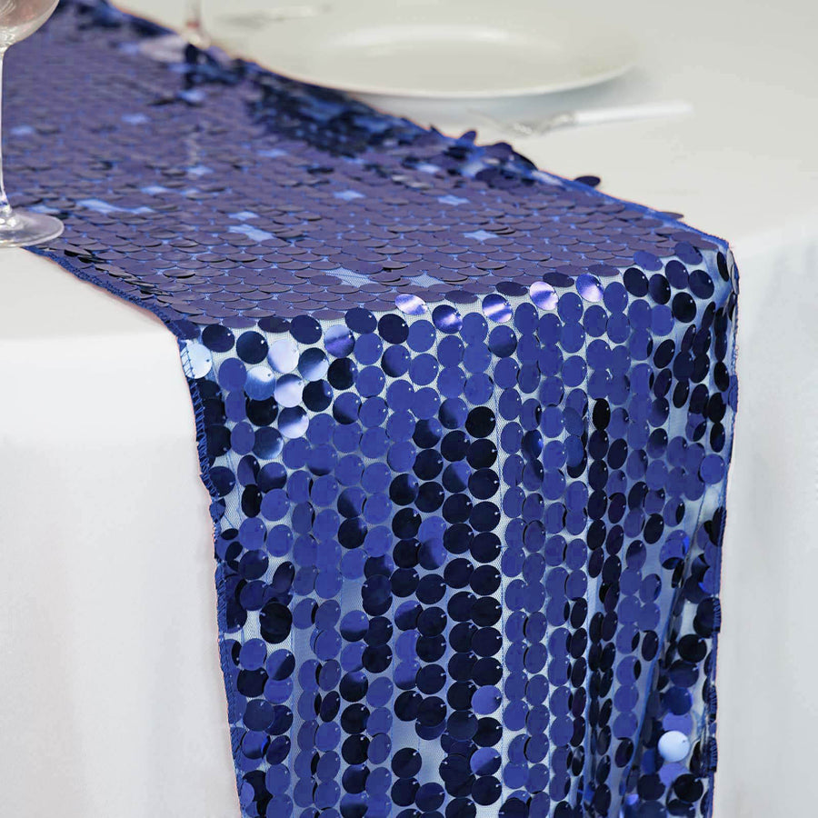 Navy Blue Big Payette Sequin Table Runner 13 Inch x 108 Inch 