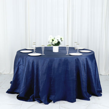 Navy Blue Accordion Crinkle Taffeta Seamless Round Tablecloth 132"