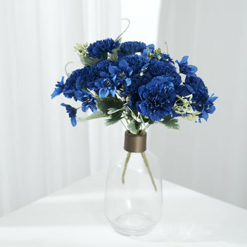 3 Pack Navy Blue Artificial Silk Carnation Flower Bouquets, Faux Floral Arrangement Bushes 14"