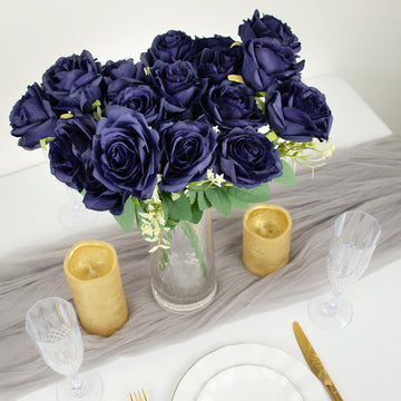 2 Bushes Navy Blue Artificial Silk Rose Flower Arrangements, Real Touch Long Stem Flower Bouquet 18"