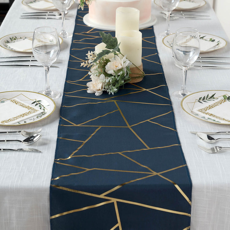 9 Feet Navy Blue Table Runner With Gold Foil Geometric Pattern