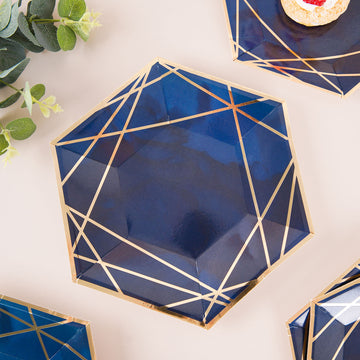 25 Pack Navy Blue / Gold Hexagon Dinner Paper Plates, Geometric Disposable Party Plates 300 GSM 9"