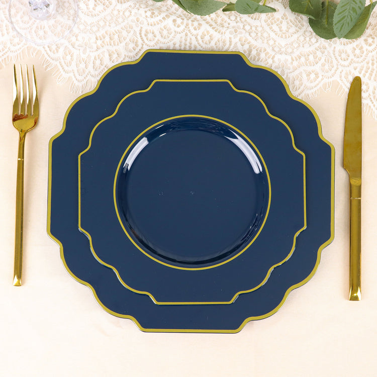 10 Pack Navy Blue 8 Inch Hard Plastic Dessert Plates with Gold Rim Baroque Style