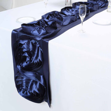 13"x104" Navy Blue Large Rosette Flower Premium Satin Table Runner