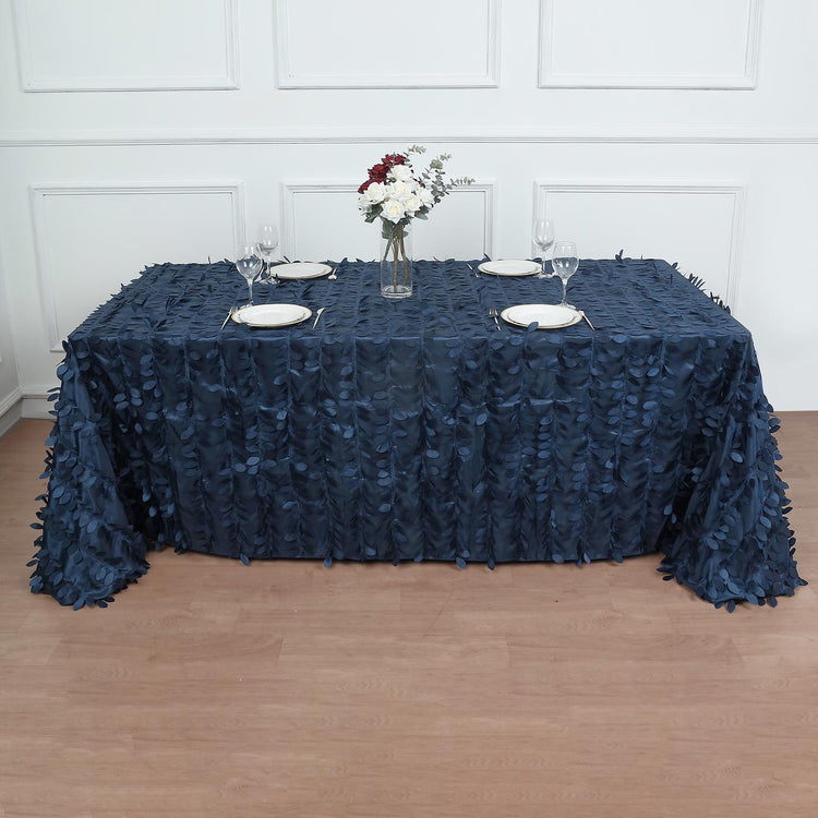 90 Inch X 132 Inch - Navy Blue 3D Leaf Taffeta Fabric Rectangle Tablecloth