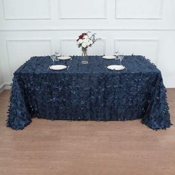 Elevate Your Event Decor with a Navy Blue 3D Leaf Petal Taffeta Fabric Tablecloth
