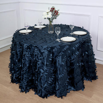 Navy Blue 3D Leaf Petal Taffeta Fabric Seamless Round Tablecloth 120"