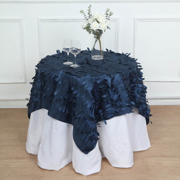 Navy Blue 3D Leaf Petal Taffeta Fabric Seamless Square Table Overlay 54"