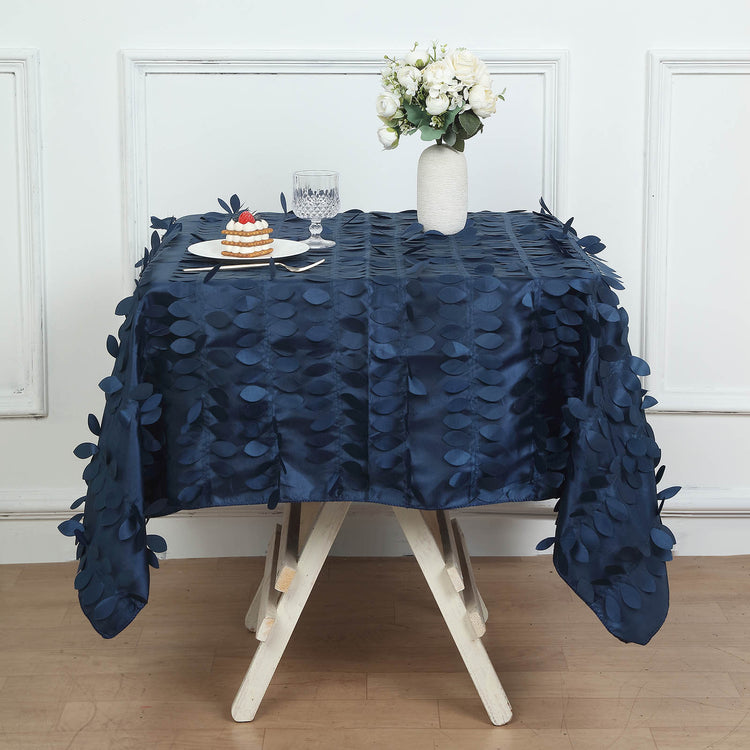 54inch Navy Blue 3D Leaf Petal Taffeta Fabric Square Tablecloth