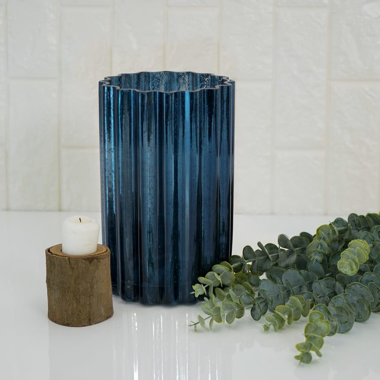 Mercury Glass Hurricane Candle Holder In Navy Blue With Wavy Column Design 9 Inch
