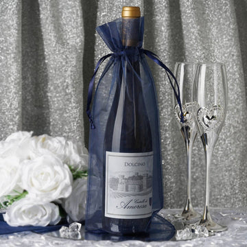 Navy Blue Organza Drawstring Party Favor Wine Bags - Add Elegance to Your Celebration