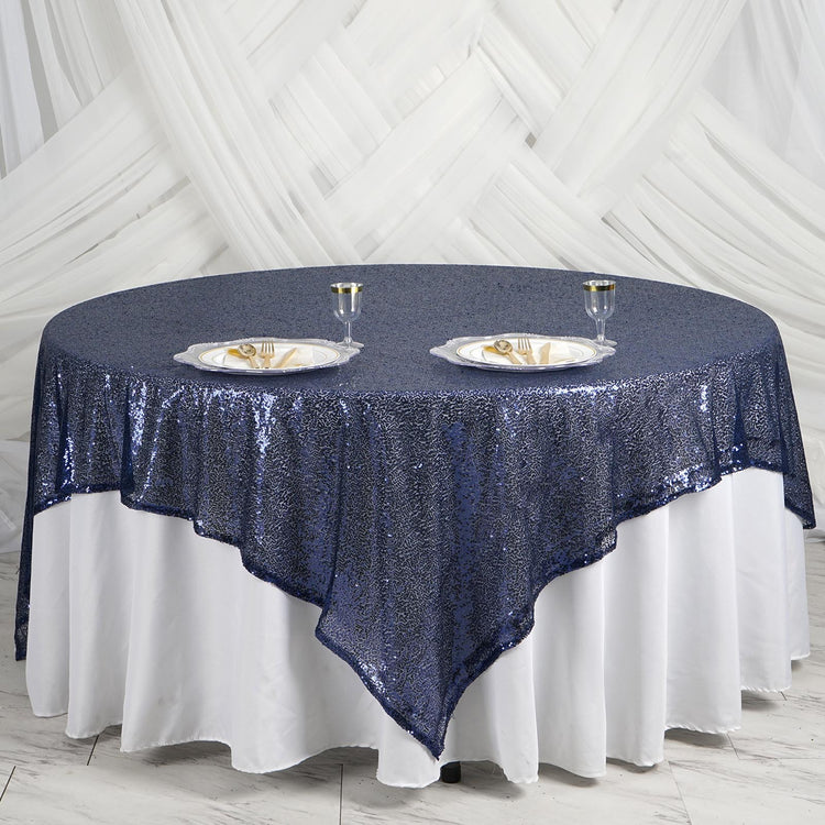 90 Inch x 90 Inch Navy Blue Premium Sequin Square Sparkly Table Overlay