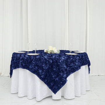 Elevate Your Event Decor with a Navy Blue 3D Rosette Satin Square Table Overlay