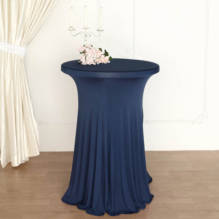 Navy Blue Wavy Drapes Round Spandex Cocktail Table Cover