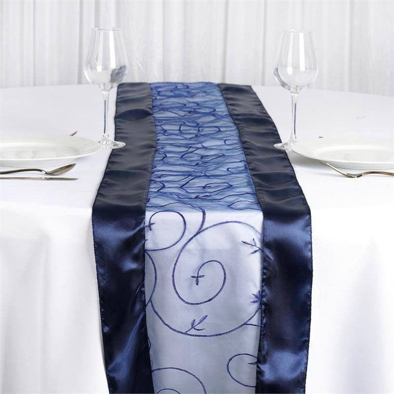 Navy Blue Satin Embroidered Sheer Organza Table Runner 14 Inch x 108 Inch#whtbkgd