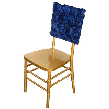 Navy Blue Satin Rosette Chiavari Chair Caps, Chair Back Covers 16"