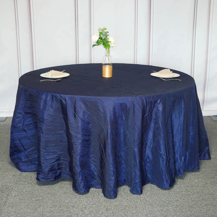 120 Inch Navy Blue Accordion Crinkle Taffeta Fabric Round Tablecloth