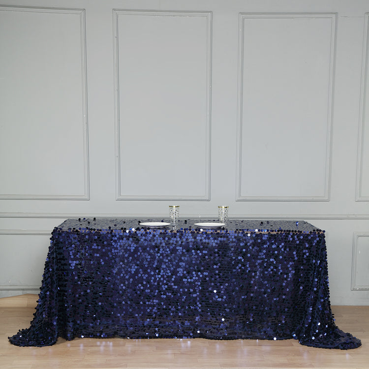 Navy Blue Big Payette Sequin Rectangle Tablecloth 90 Inch x 132 Inch