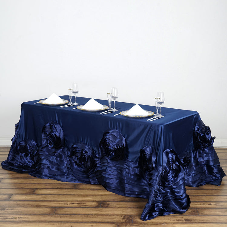 90 Inch x 132 Inch Navy Blue Large Rosette Lamour Satin Rectangular Tablecloth
